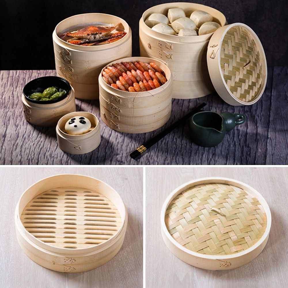 Bao Steamer Bamboo - مبخرة من الخيزران بغطاء للطبخ ،